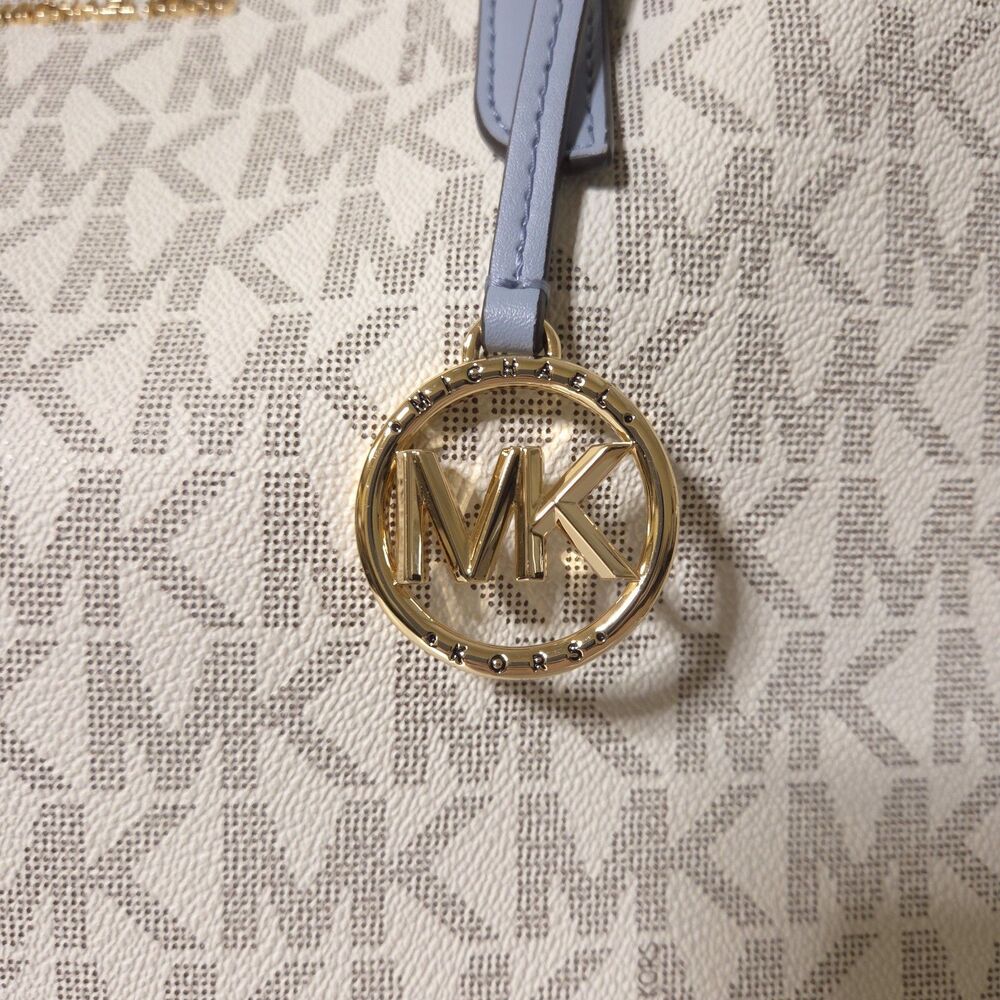 Michael Kors Signature MK Logo Tote Cream/Light Blue Leather Shoulder Bag Walsh - Picture 3 of 13
